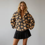 Bunter Oversize Teddy Pullover für Damen mit kurzem Reißverschluss und Stehkragen