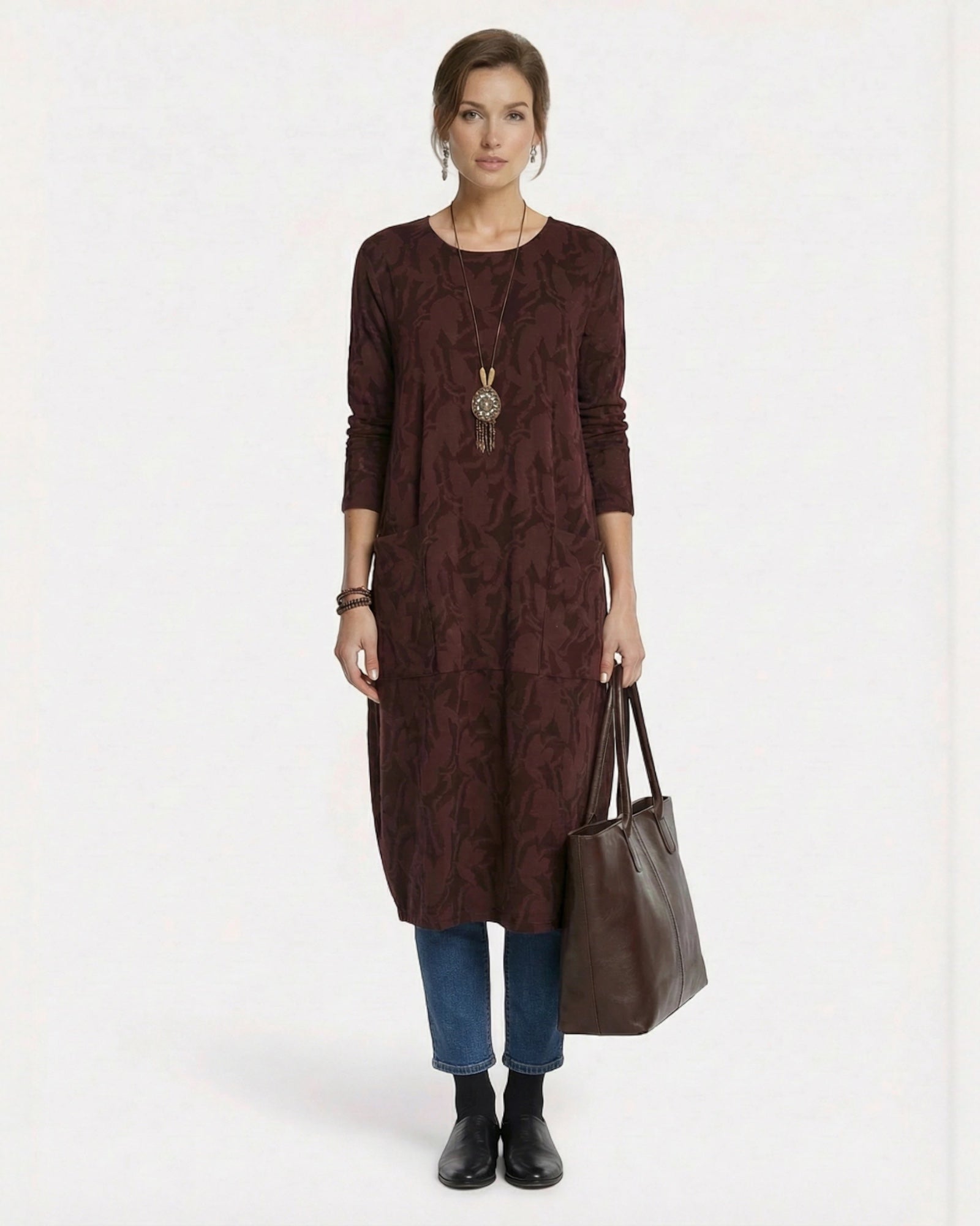 Langarmiges Winter Midi Strickkleid mit bedrucktem Muster