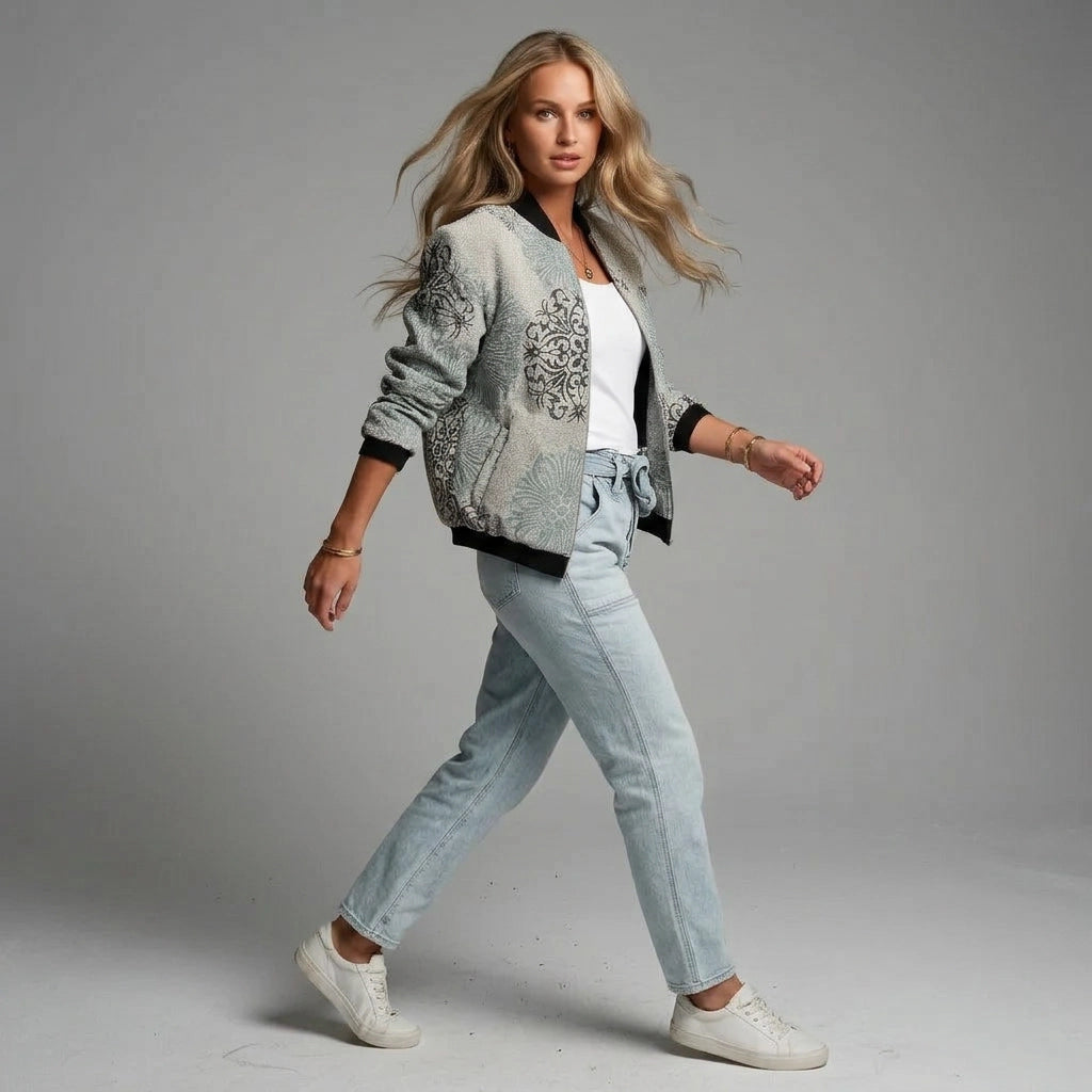 Leichte bunte Jacke für Damen mit Bündchen und Reißverschluss