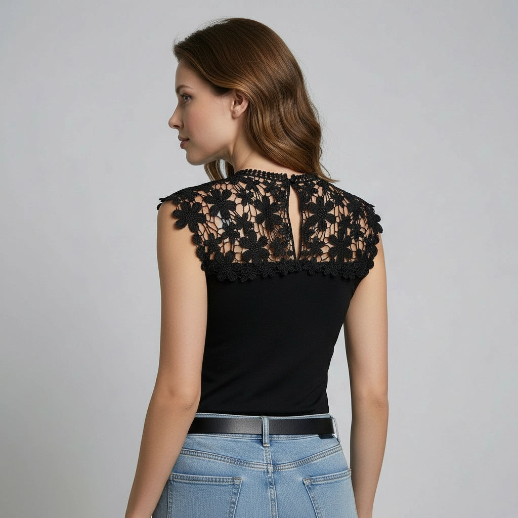 Ärmelloses Top für Damen mit Spitzeneinsatz und Schlüsselloch im Rücken