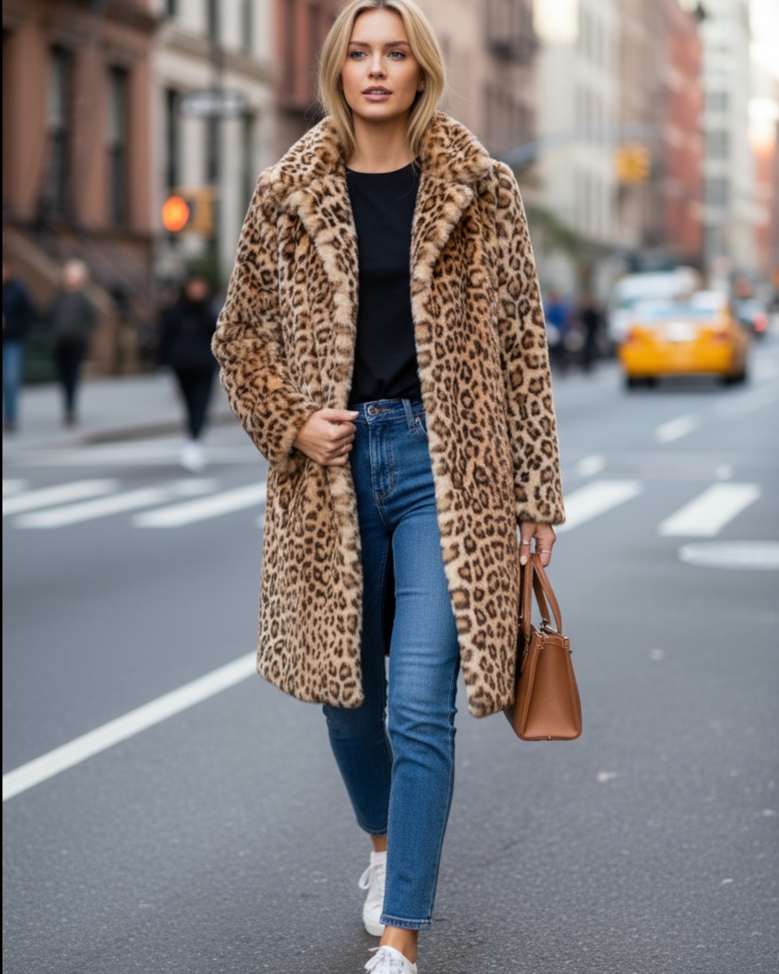 Frau trägt einen langen Mantel mit Leopardenmuster und Stehkragen auf einer Stadtstraße