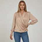 Damen Bluse mit Drapiertem V Ausschnitt und Elastischen Manschetten