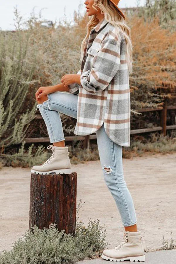 Lange Hemd Jacke im Karierten Design mit Brusttaschen im Oversized Schnitt