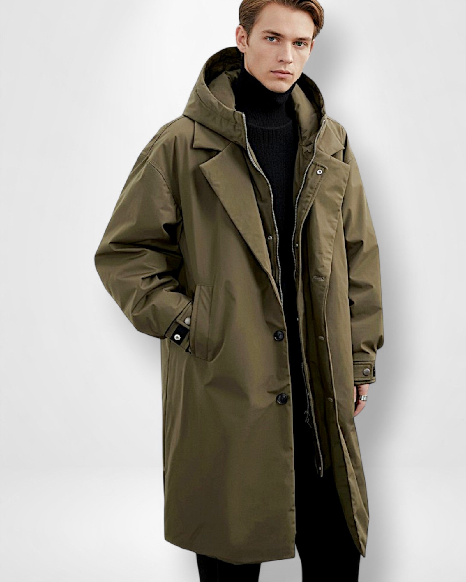 Langer wasserdichter Mantel mit Kapuze für Herren im Business-Look