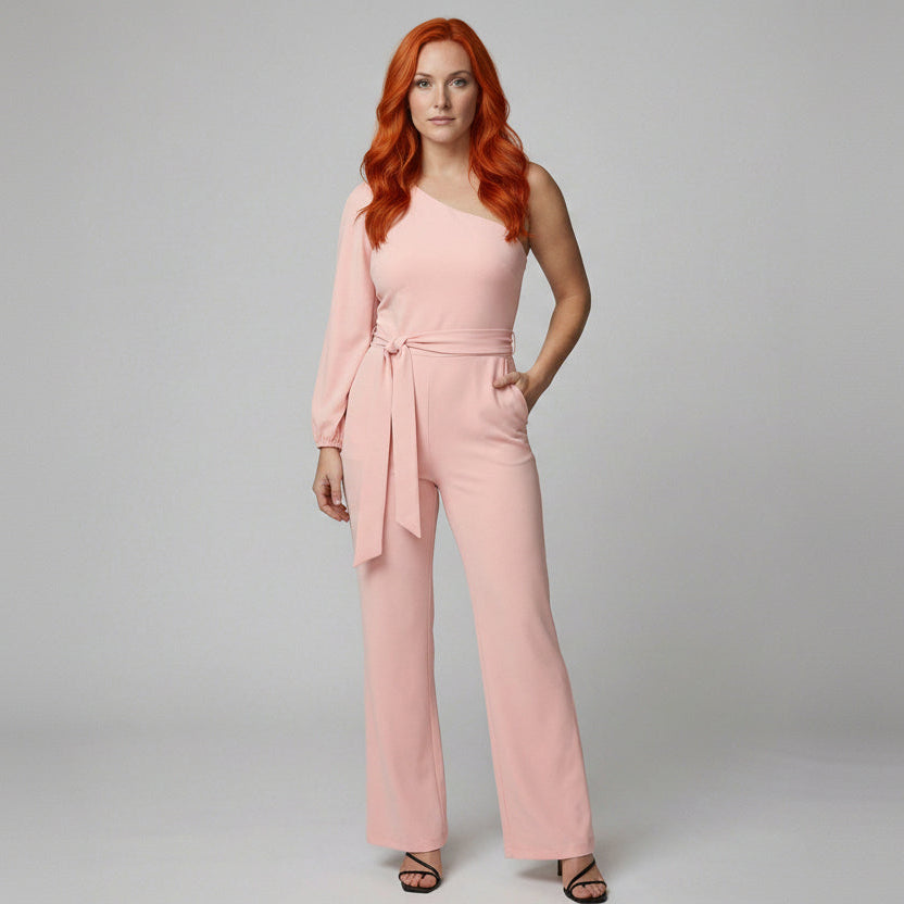 Eleganter Damen Jumpsuit im One Shoulder Schnitt mit Bindegürtel und weitem Bein