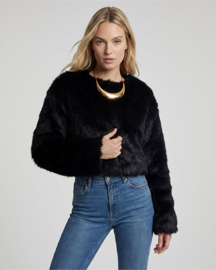 Cropped flauschiger Strickpullover für Damen mit weiten Ärmeln und U-Boot-Ausschnitt