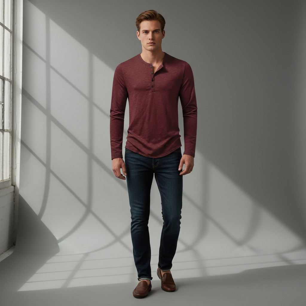 Langarmhemd für Herren ohne Kragen mit halber Knopfleiste