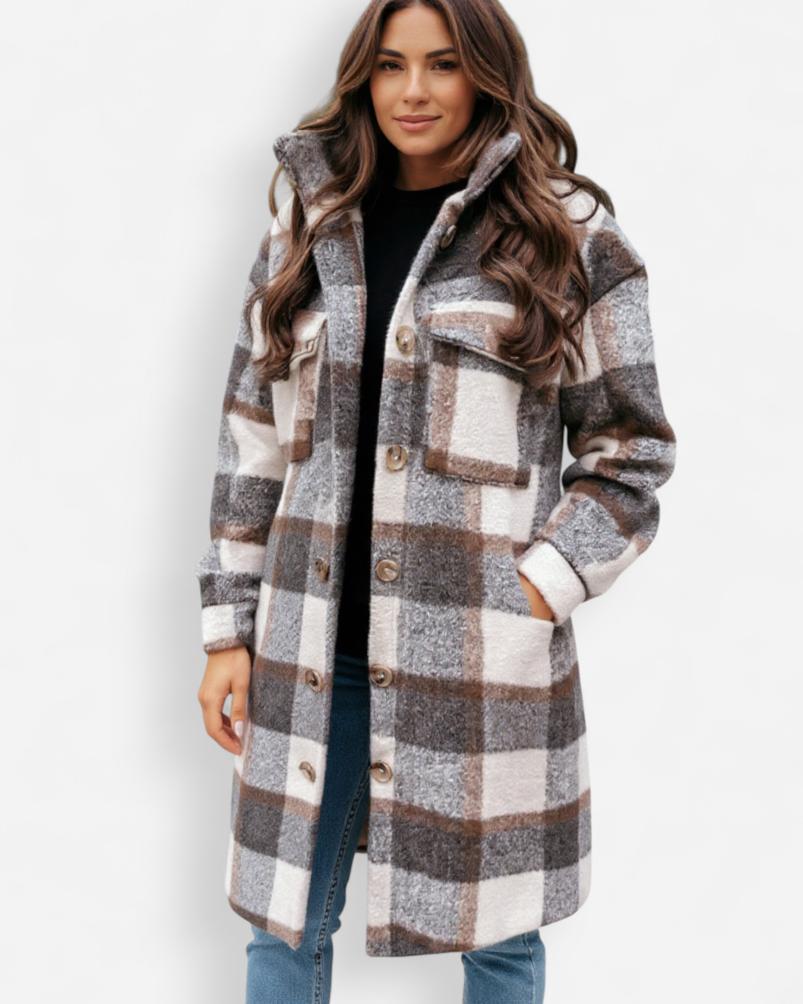 Langer Damen Wintermantel mit Karomuster