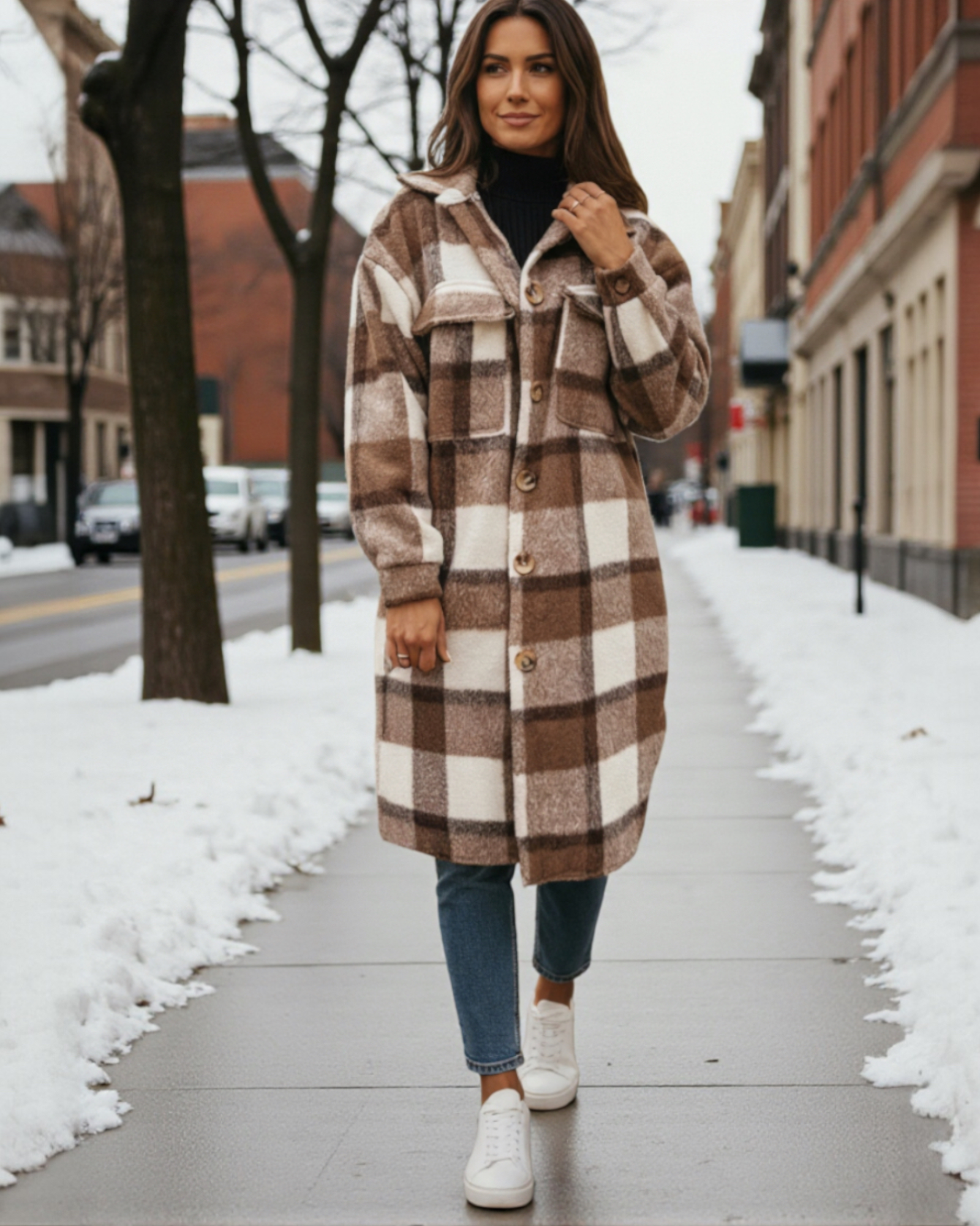 Langer Damen Wintermantel mit Karomuster