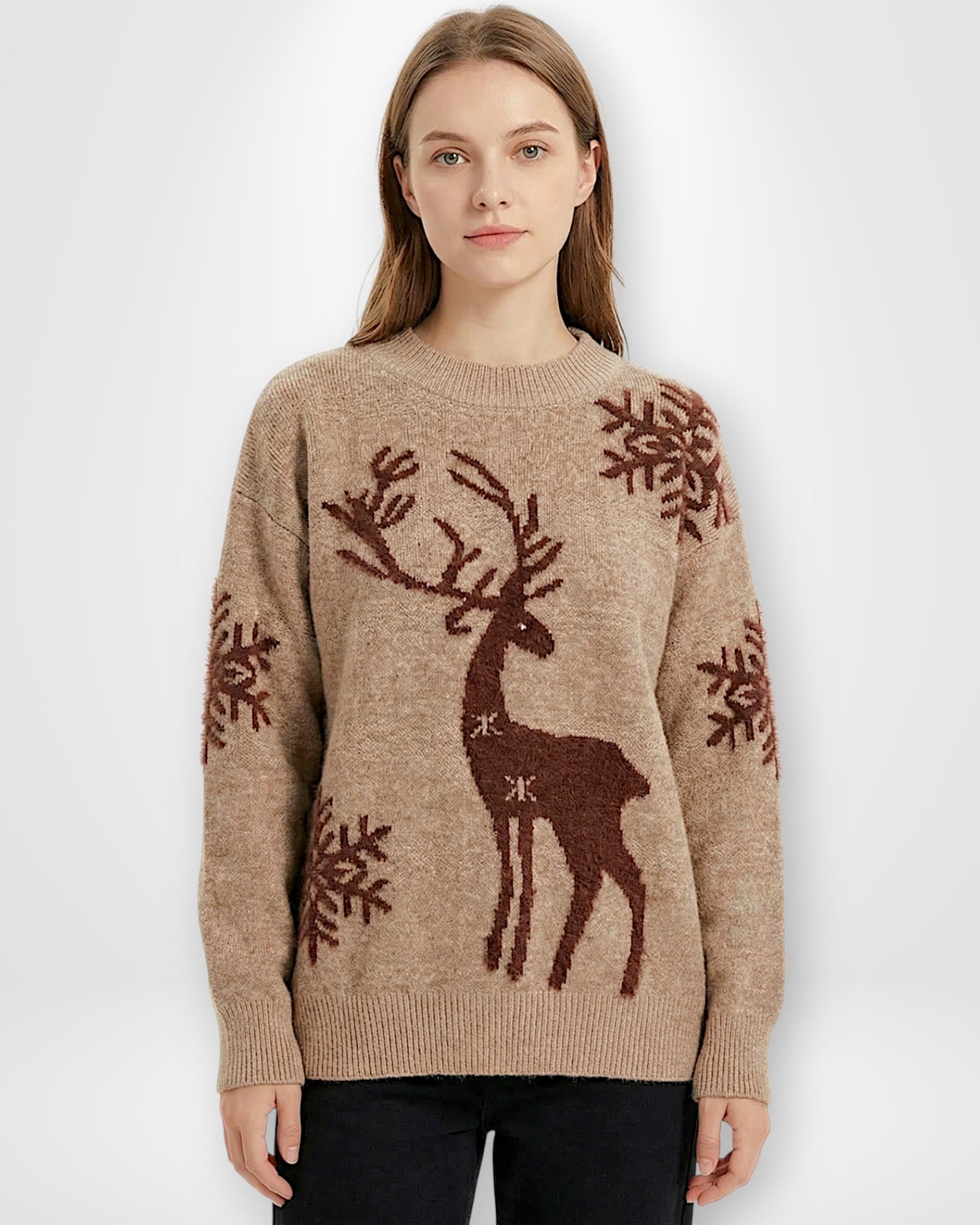 Damen Weihnachts-Pullover mit Rentiermotiv und Rundhalsausschnitt