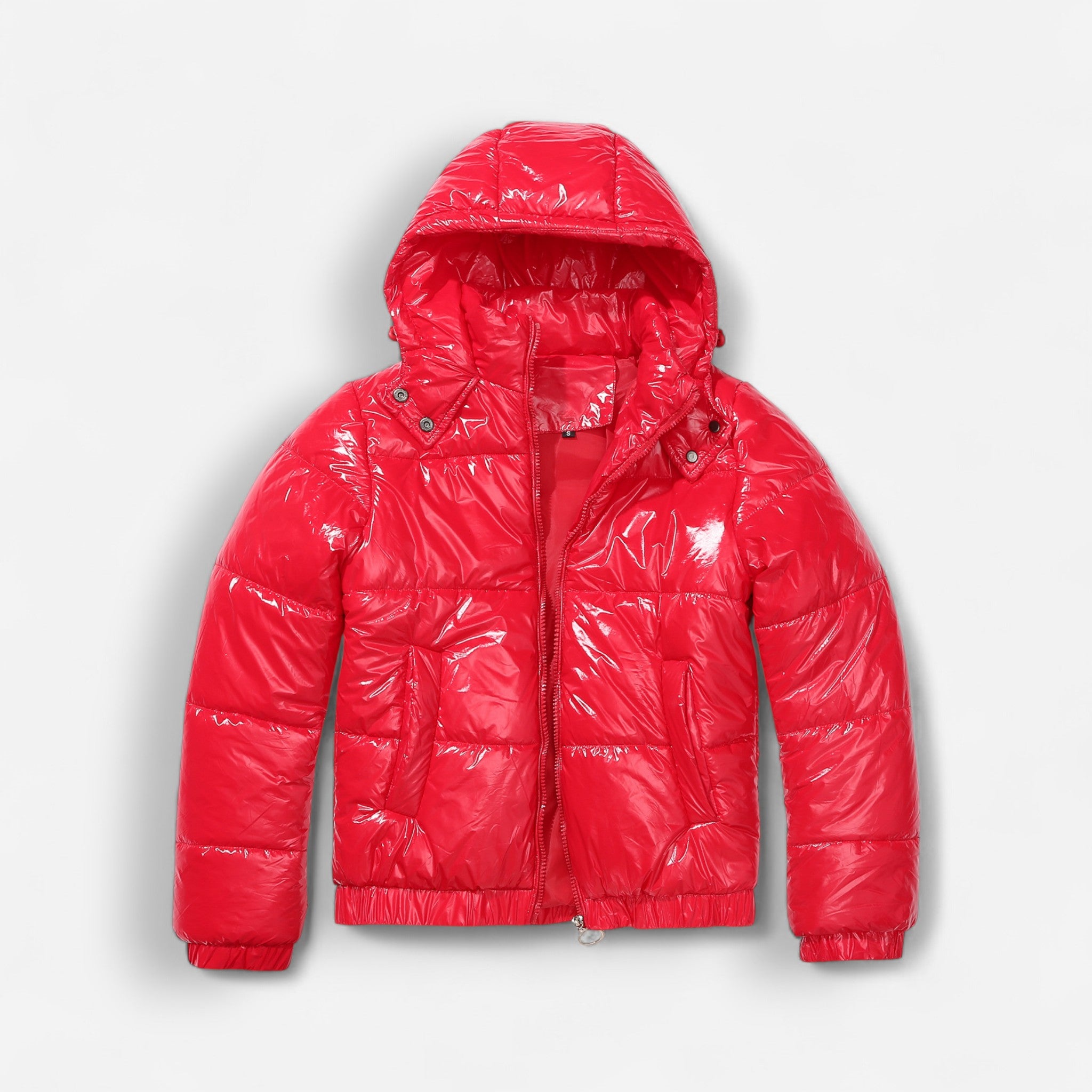 Glänzende Winterjacke für Damen mit hoch schließender Kapuze