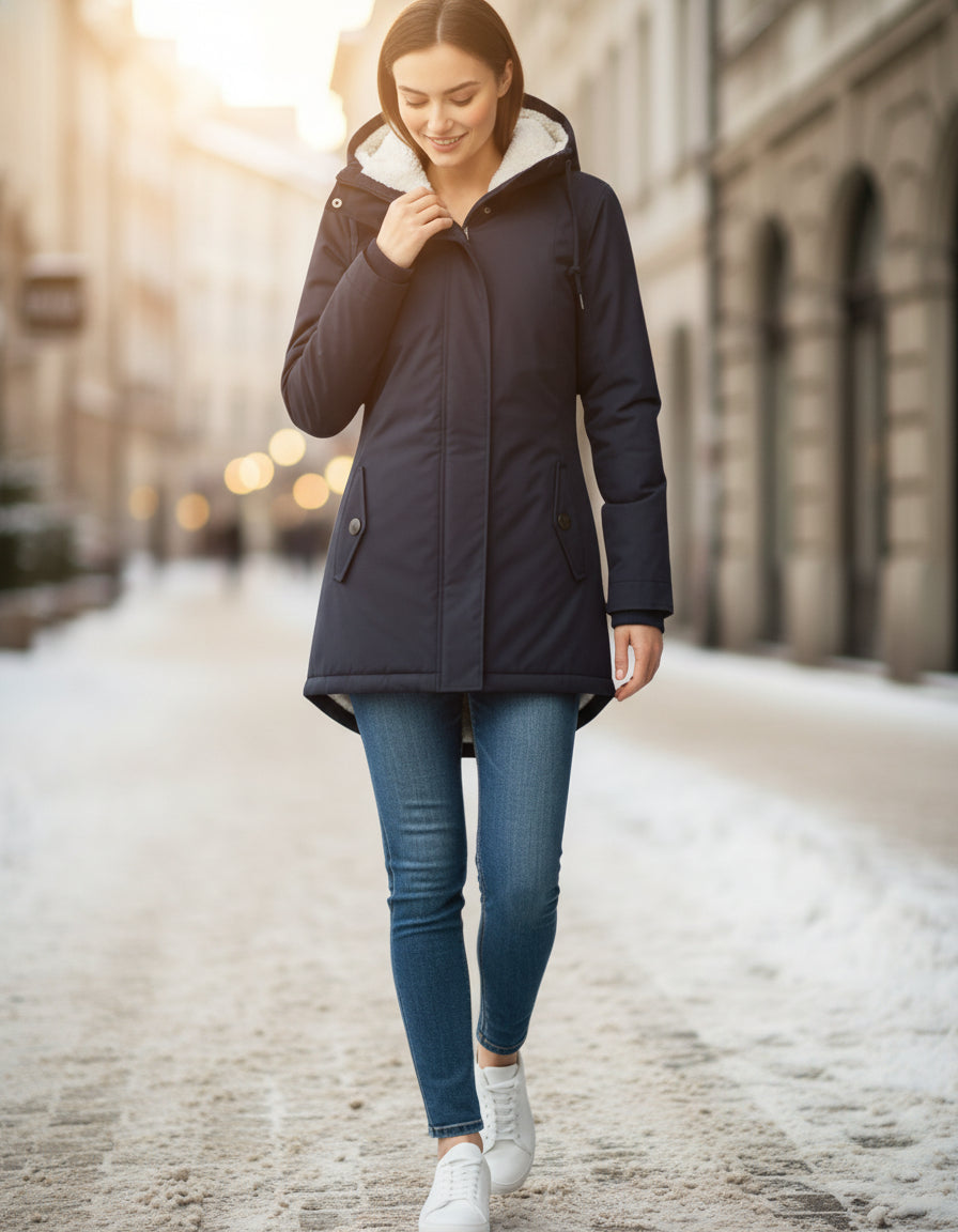 Frau in voller Länge mit schwarzer Winterjacke mit Kapuze und weichem Futter an einem sonnigen Wintertag in der Stadt