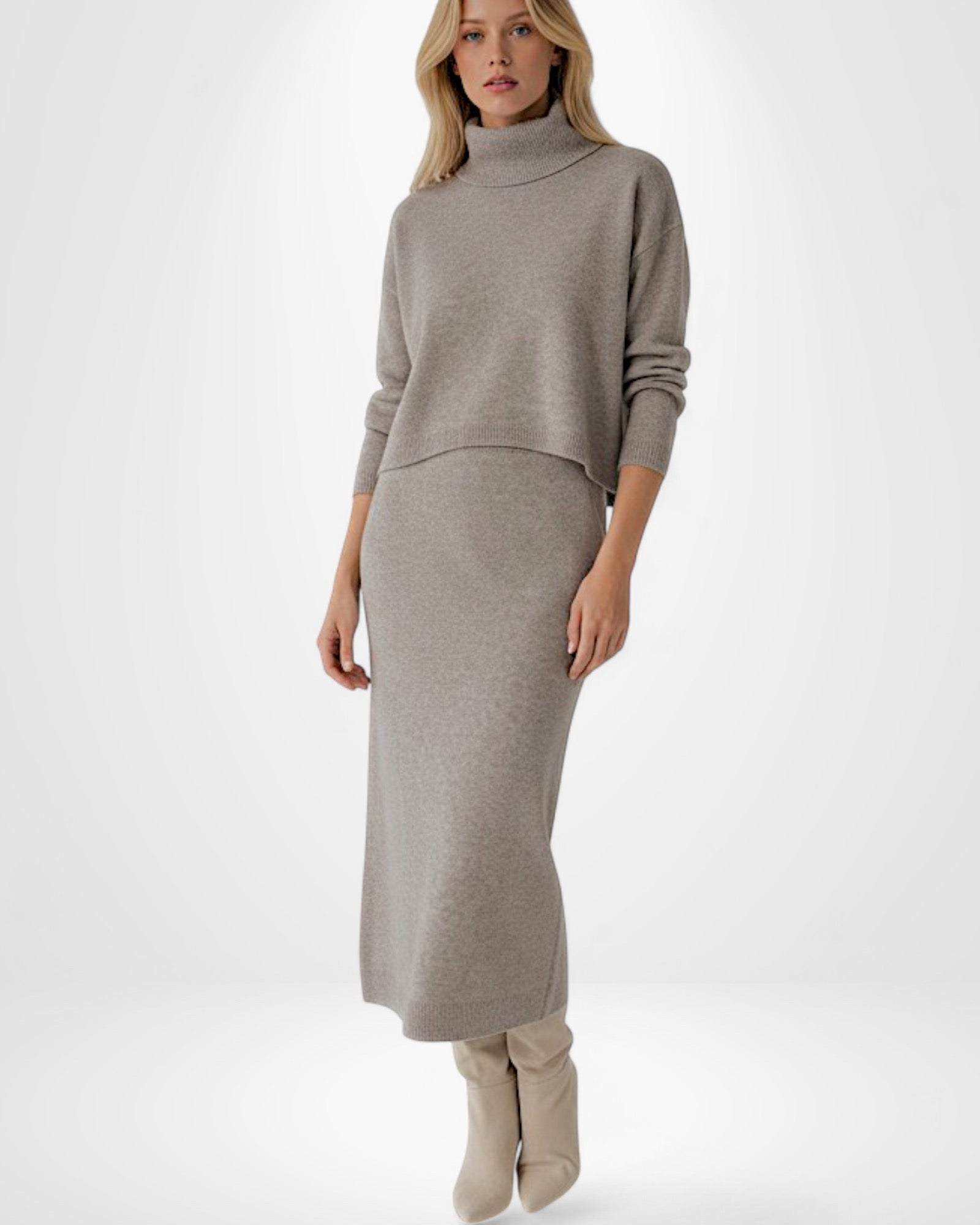 Ärmelloses Maxi Strickkleid mit Cropped Rollkragenpullover | Strickset für Damen