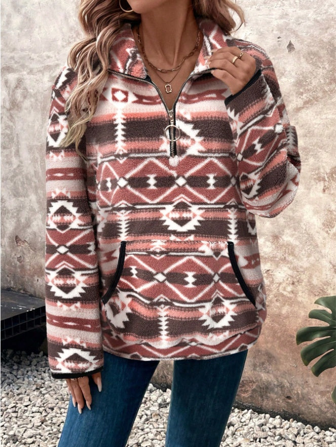 Fleece Troyer für Damen mit Geometrisches Muster