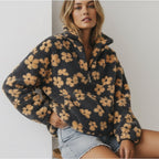 Bunter Oversize Teddy Pullover für Damen mit kurzem Reißverschluss und Stehkragen