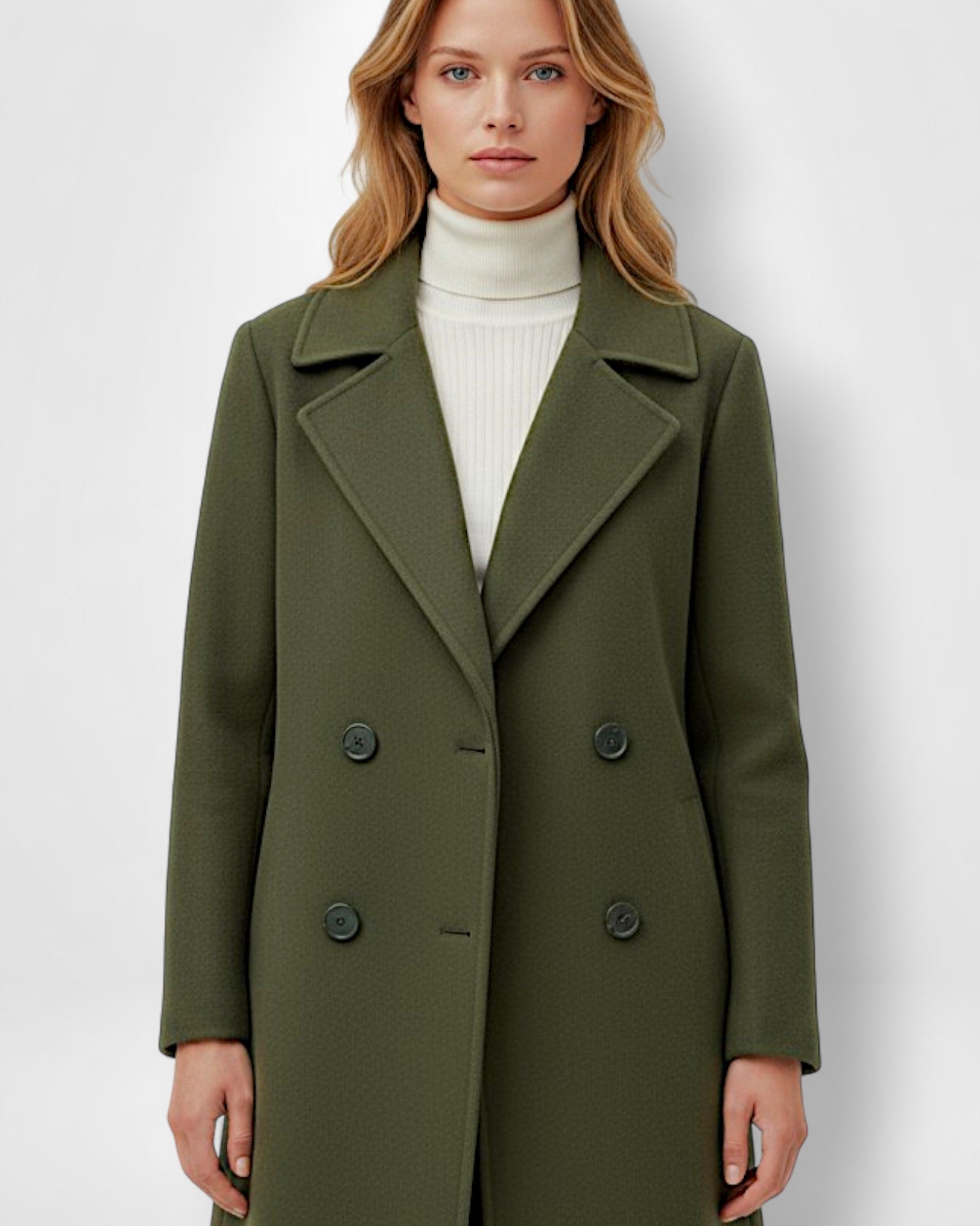 Knielanger Mantel für Damen mit Reverskragen und vier schwarzen Knöpfen