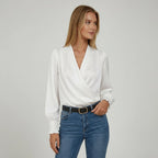 Damen Bluse mit Drapiertem V Ausschnitt und Elastischen Manschetten