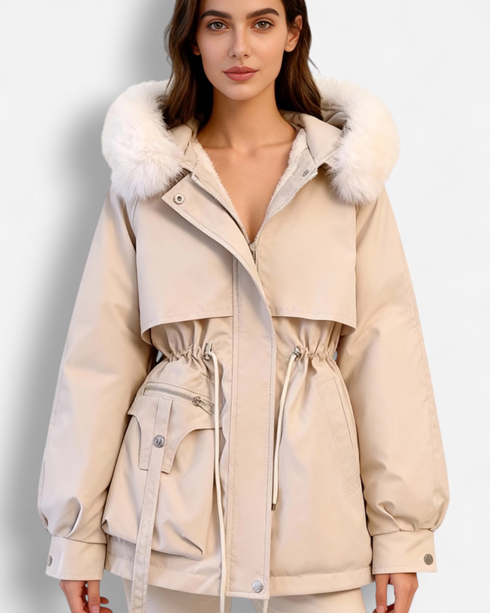 Frau trägt eine beige Parka-Jacke mit weißem Kunstfellbesatz vor grauem Hintergrund