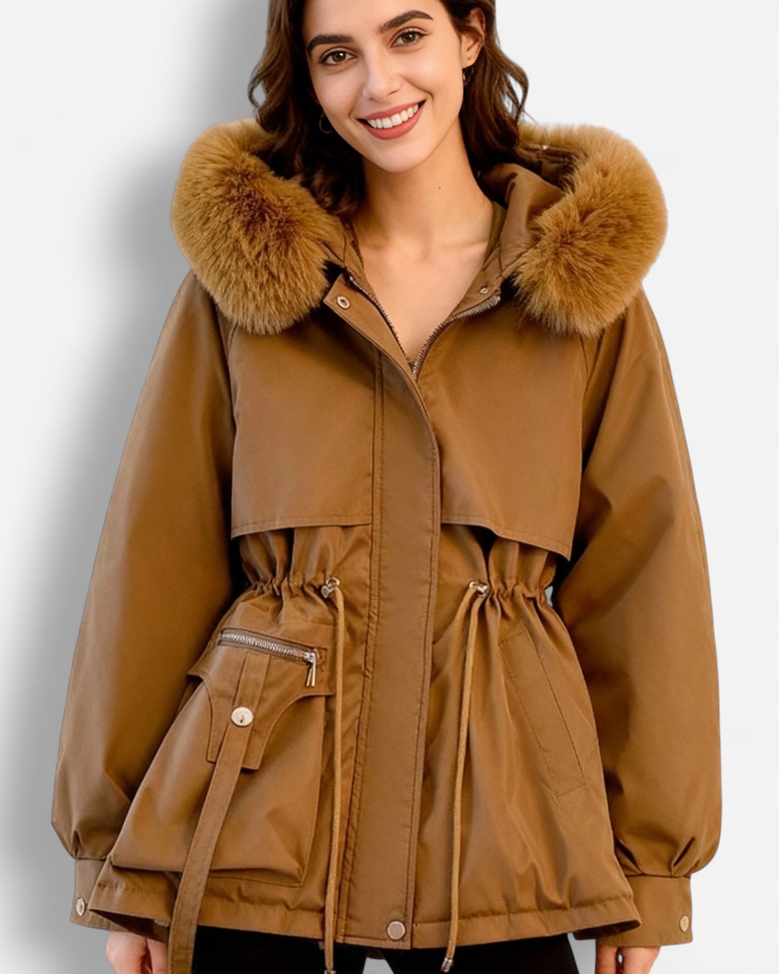 Frau trägt eine braune Winterparka mit fellgefütterter Kapuze vor einfarbigem Hintergrund