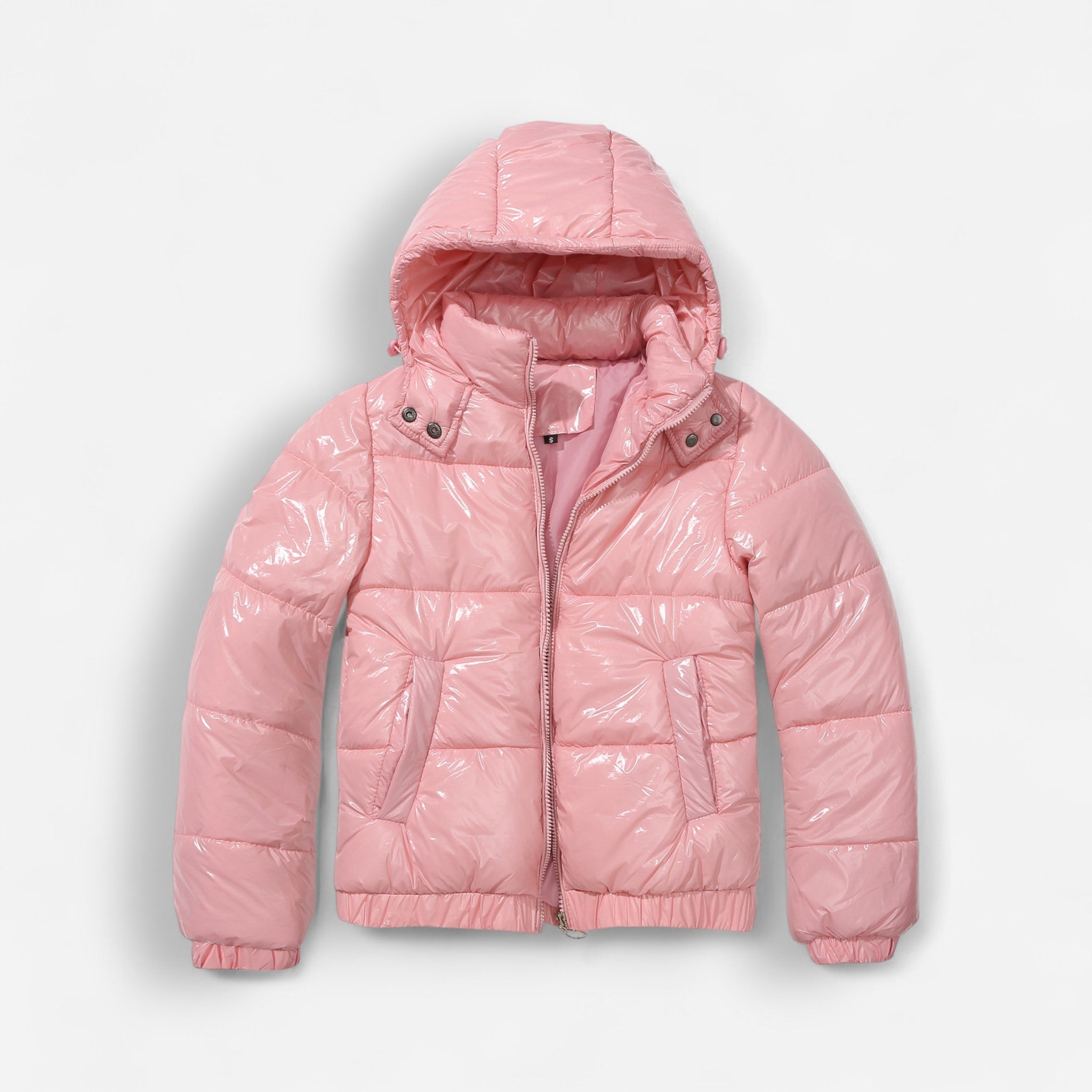 Glänzende Winterjacke für Damen mit hoch schließender Kapuze