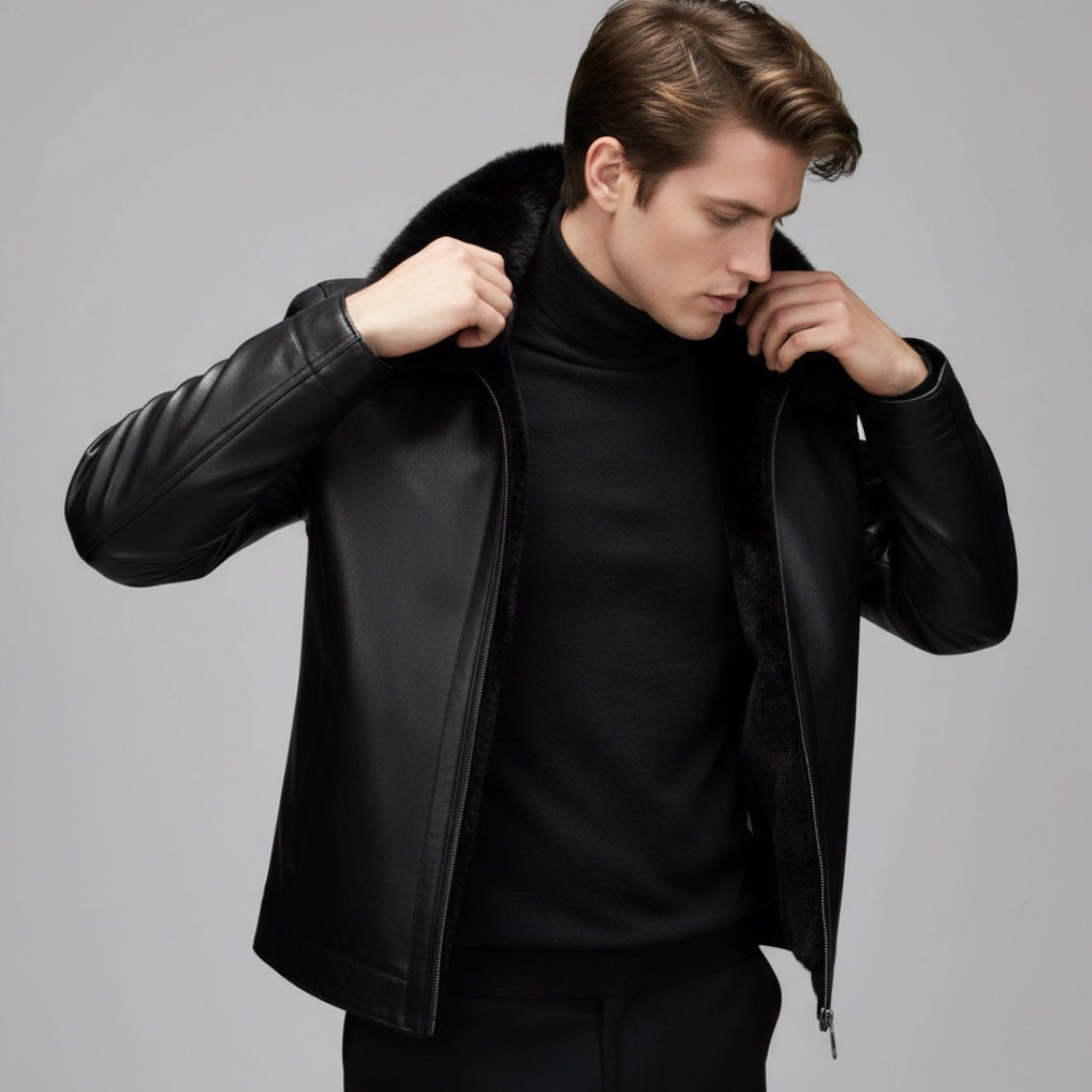 Gefütterte Jacke für Herren mit Coating und flauschigem Kragen