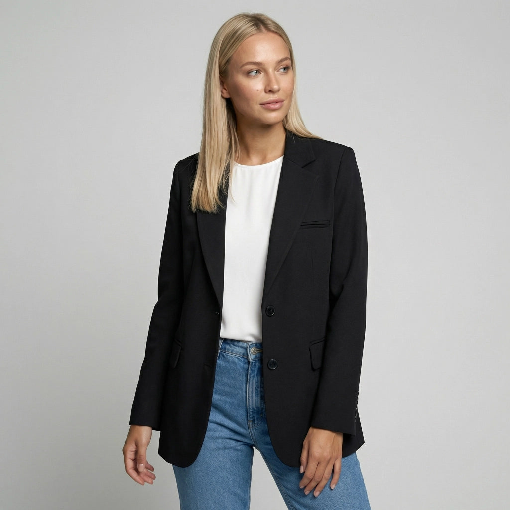 Langer Blazer für Damen mit zwei Knöpfen und Klappentaschen in einfarbigem Design