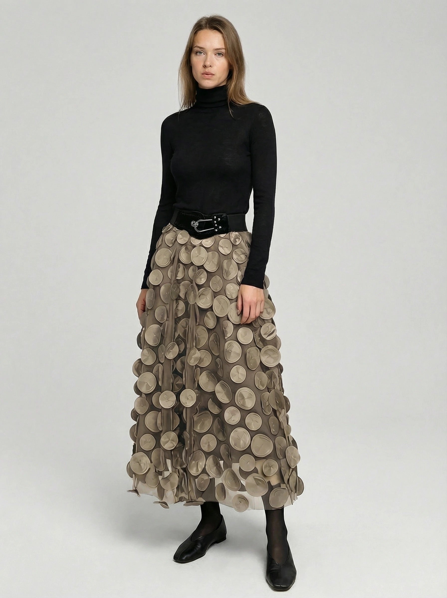 Eleganter Rock mit Polka Dot und Tüll-Patchwork - midi