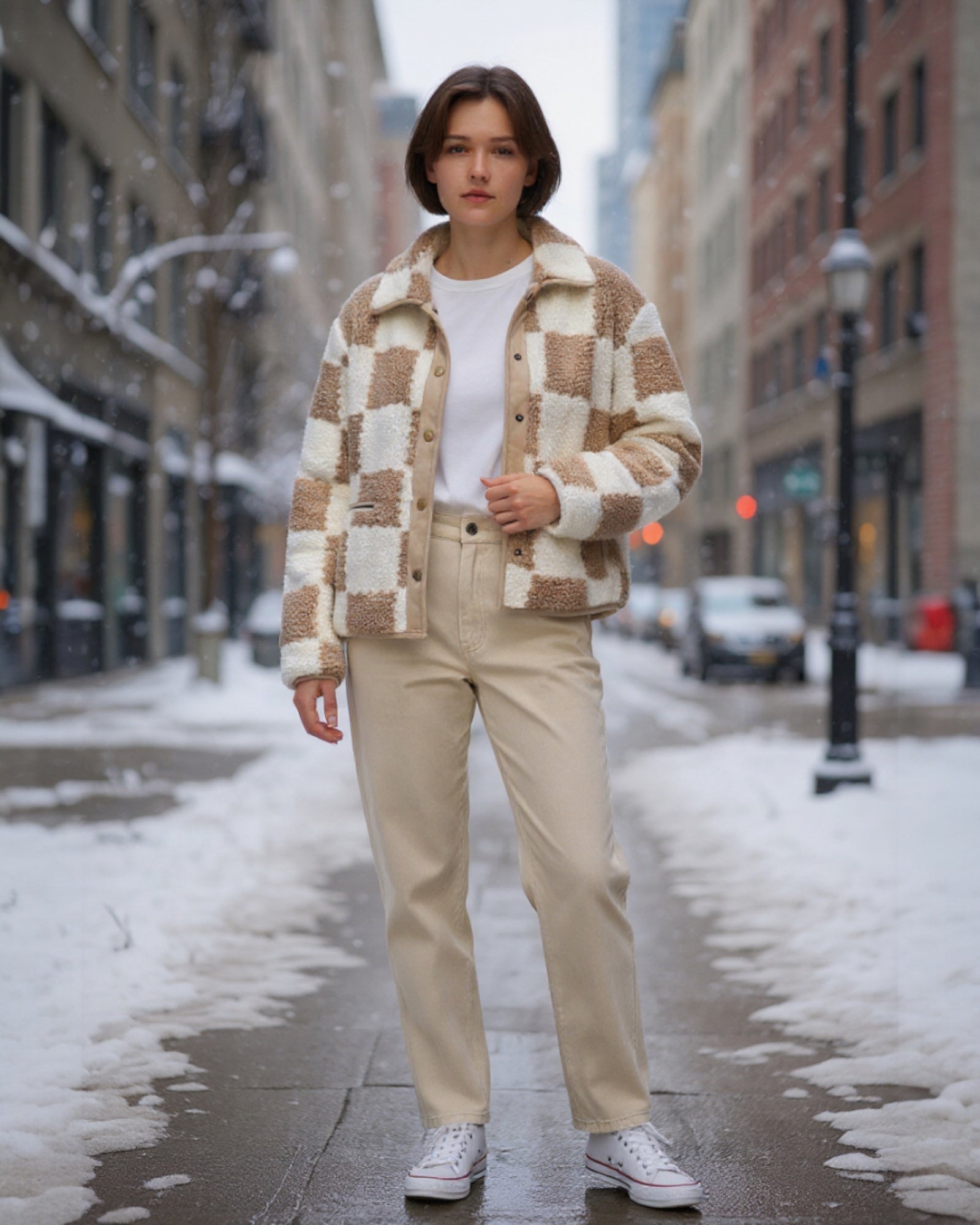 Frau trägt eine Fleecejacke mit Stehkragen und beige Hose auf einer verschneiten Stadtstraße