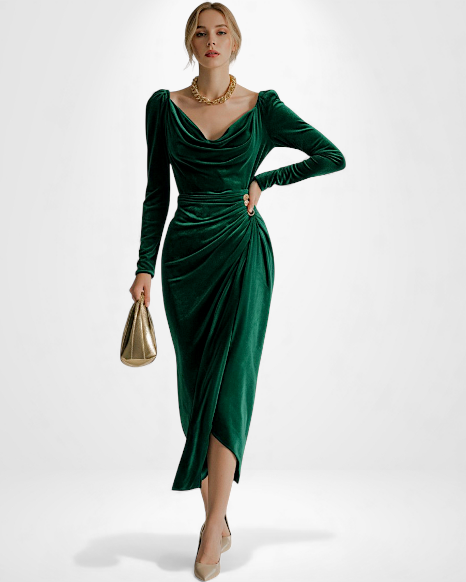 Langarm Samtkleid mit Drapiertem Ausschnitt und Schlitz - Midi