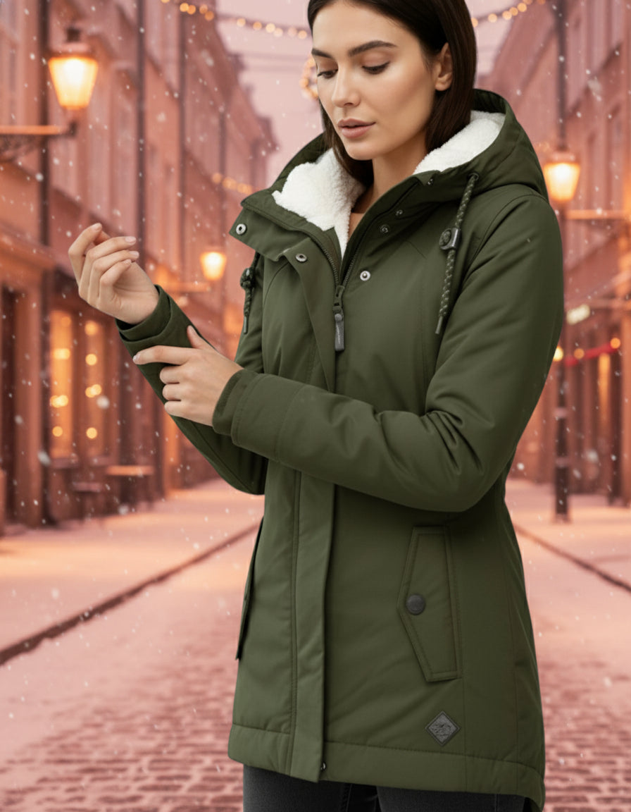 Frau trägt eine warme Winterjacke mit Kapuze und weichem Futter in Olivegrün in winterlicher Stadtumgebung bei gemütlicher Atmosphäre