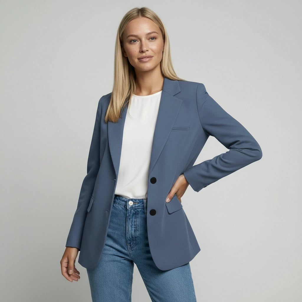 Langer Blazer für Damen mit zwei Knöpfen und Klappentaschen in einfarbigem Design