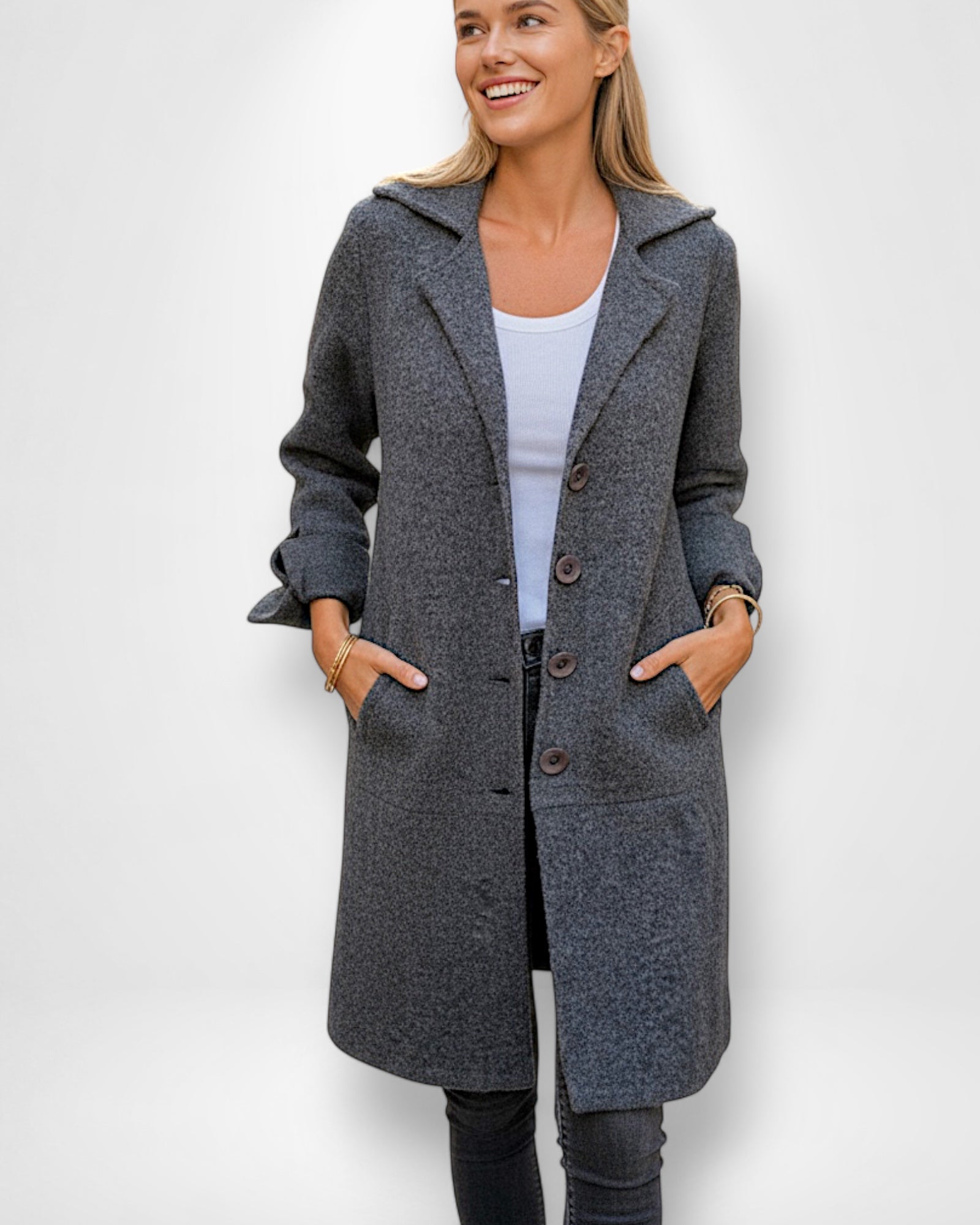 Knielanger Strickmantel mit Knopfverschluss für Damen