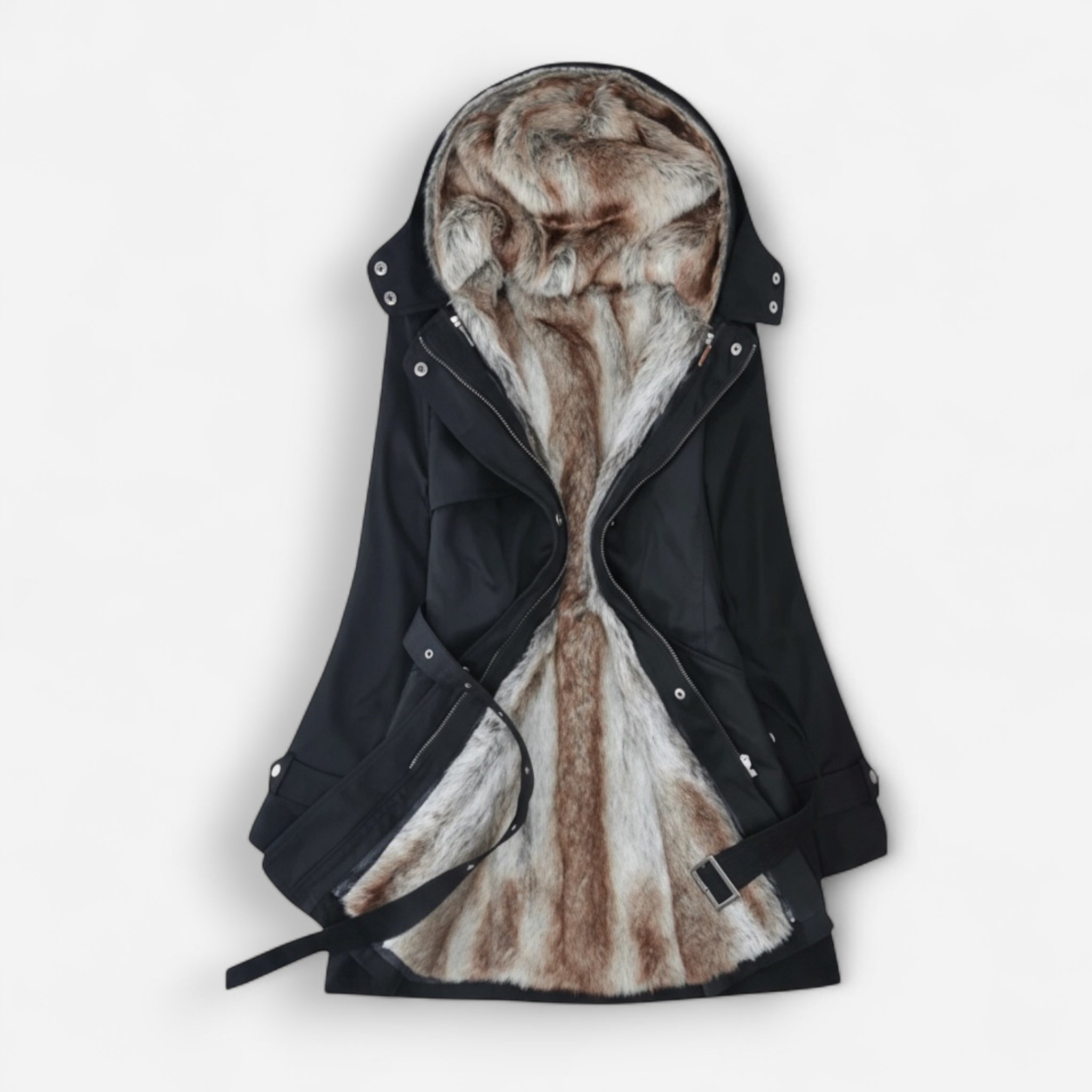 Gefütterte Winterjacke für Damen mit integrierter Kapuze und verstellbarem Bindegürtel