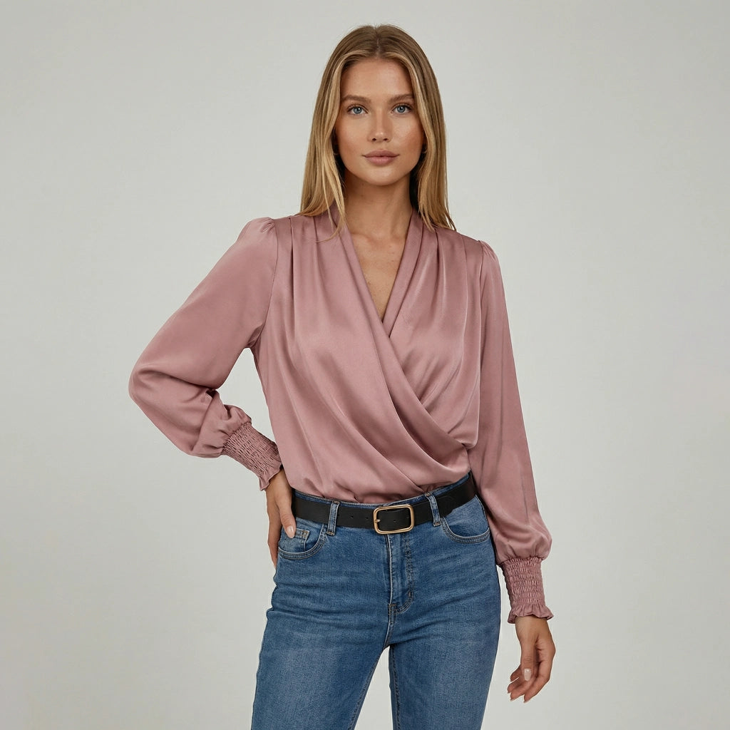 Damen Bluse mit Drapiertem V Ausschnitt und Elastischen Manschetten
