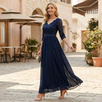 Langes Kleid für Damen aus Chiffon mit Spitze und 3/4 Ärmeln im Locker Fallenden Design