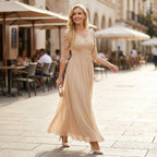 Langes Kleid für Damen aus Chiffon mit Spitze und 3/4 Ärmeln im Locker Fallenden Design