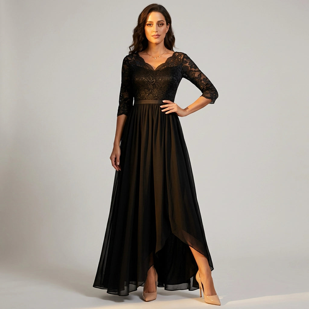 Langes Kleid für Damen aus Chiffon mit Spitze und 3/4 Ärmeln im Locker Fallenden Design