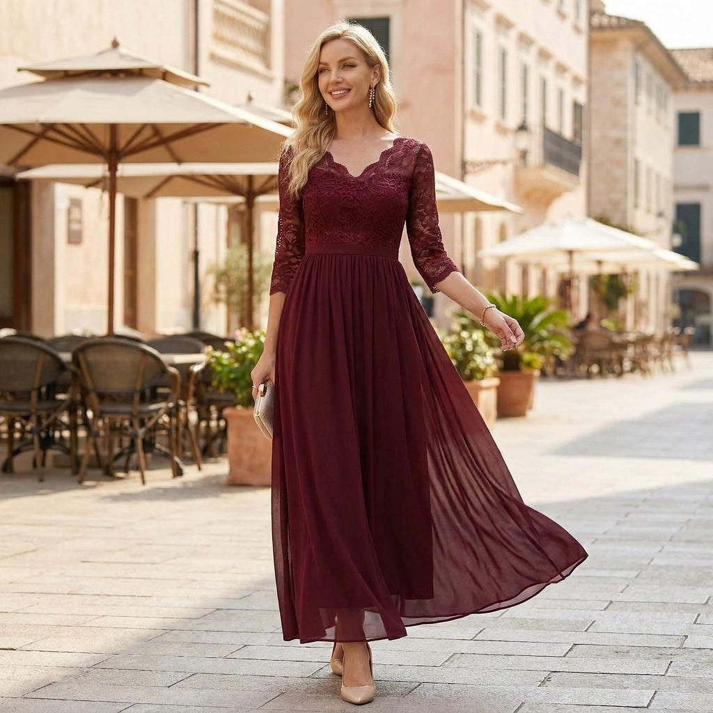 Langes Kleid für Damen aus Chiffon mit Spitze und 3/4 Ärmeln im Locker Fallenden Design