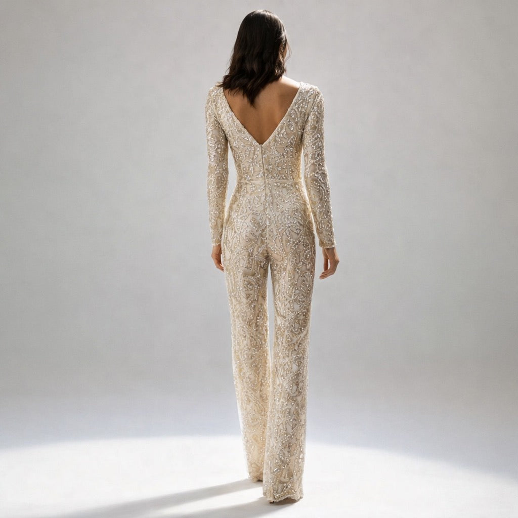 Jumpsuit für Damen mit tiefem V-Ausschnitt und Pailletten