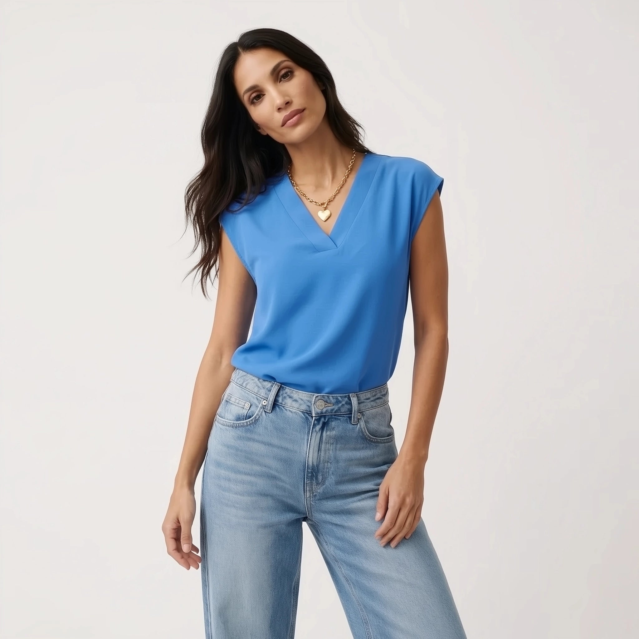 Blusentop für Damen mit V-Ausschnitt und kurzen Ärmeln in unifarbenem Design