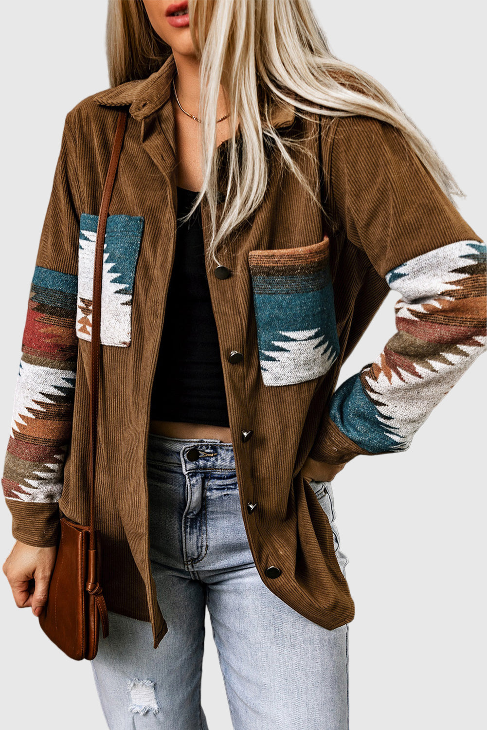 Braune Jacke für Damen mit Ethno-muster | Cordstoff