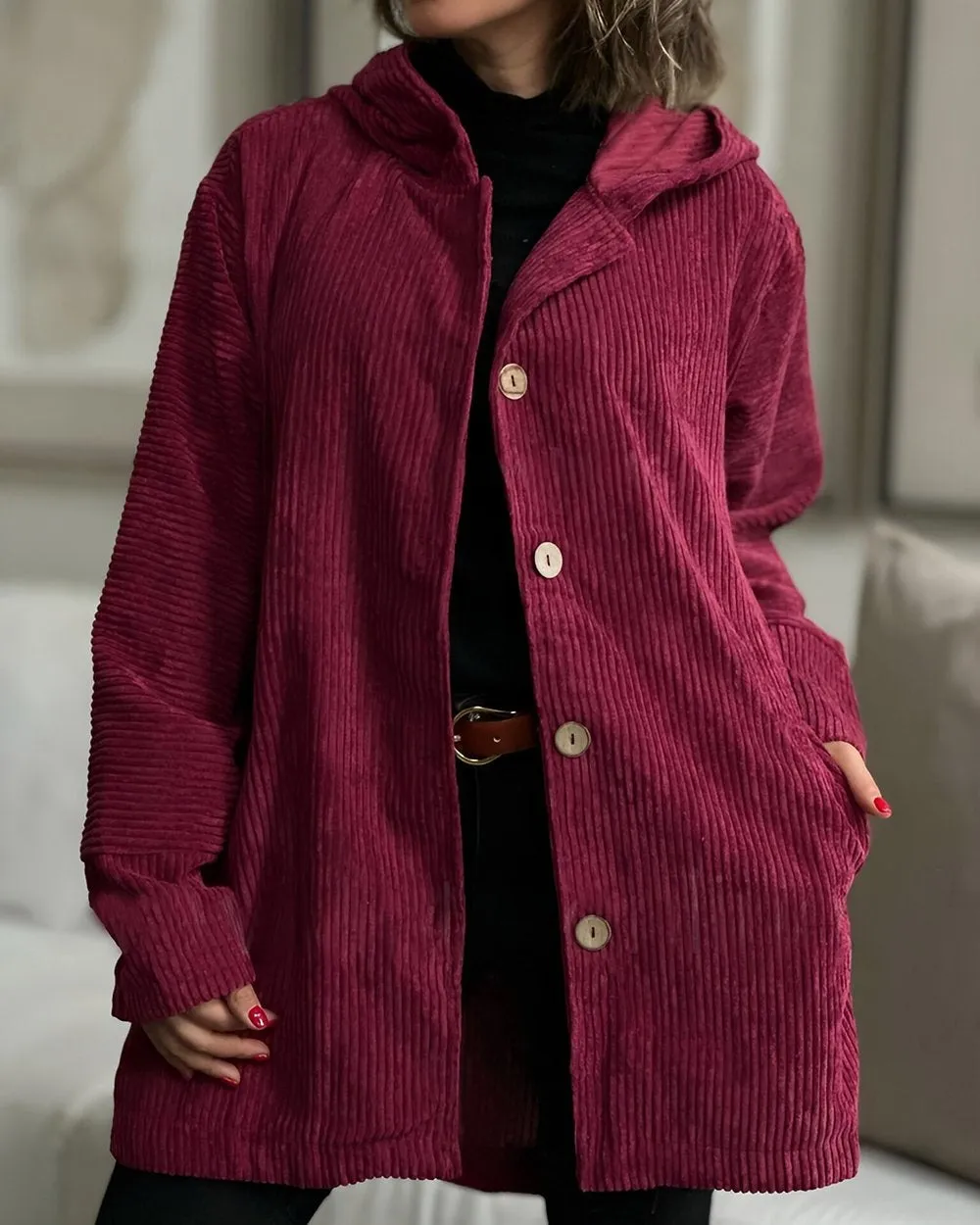 Oversized Cordjacke mit Kapuze für Damen | Mittellang 0