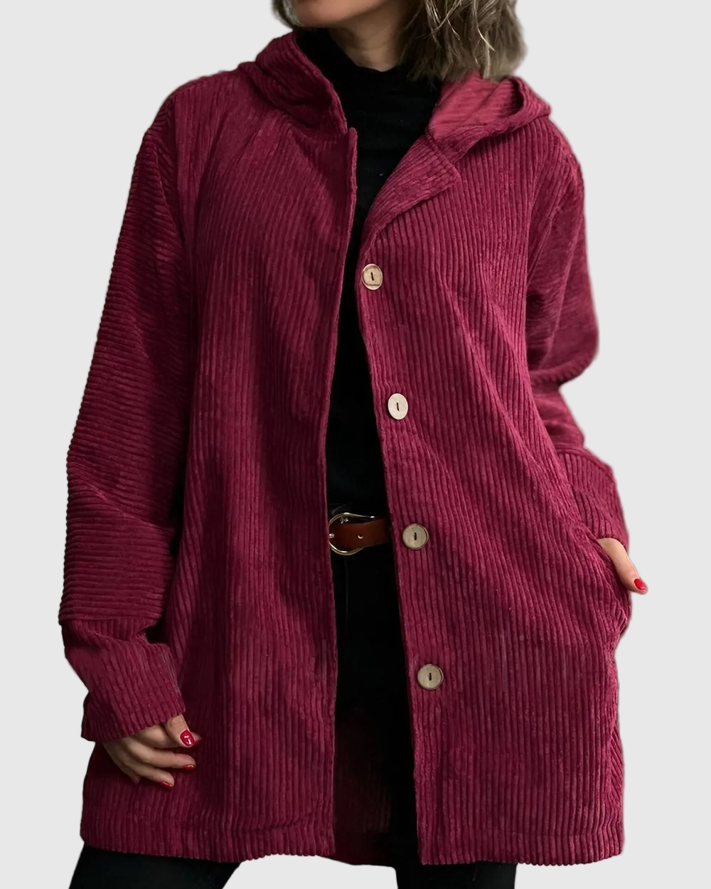 Oversized Cordjacke mit Kapuze für Damen | Mittellang