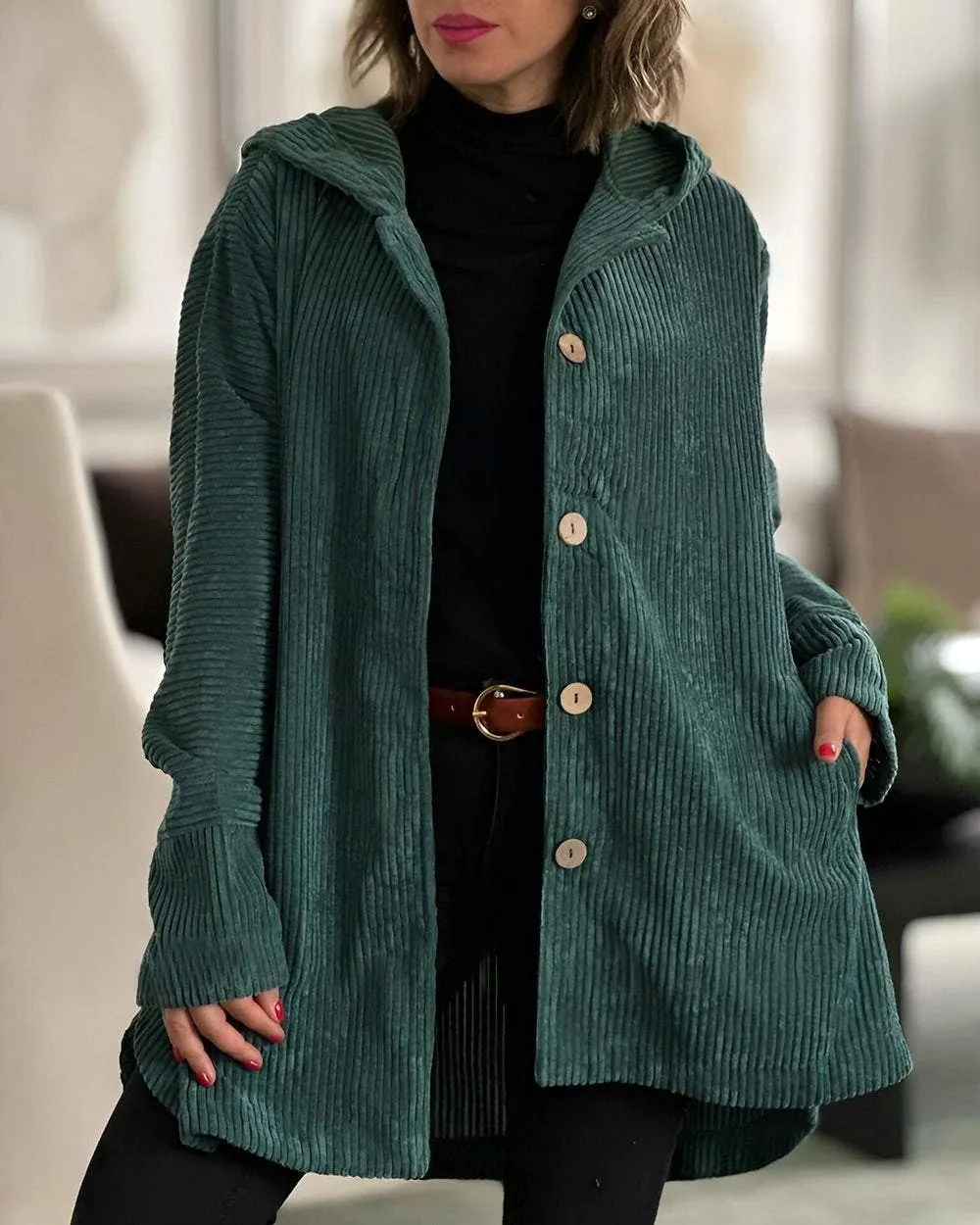 Oversized Cordjacke mit Kapuze für Damen | Mittellang 1