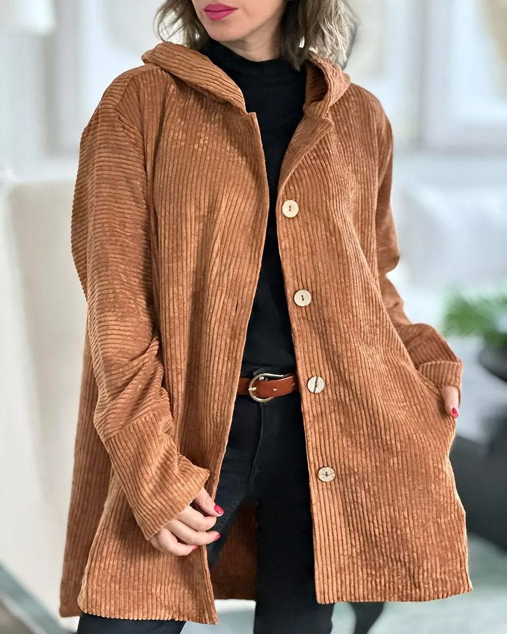 Oversized Cordjacke mit Kapuze für Damen | Mittellang 3