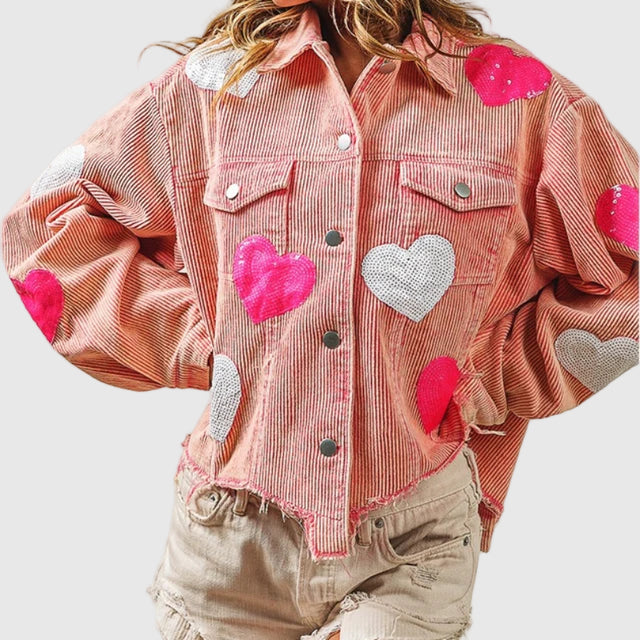Kurze Damen-Blusenjacke mit Pailletten-Herz aus Corduroy 0
