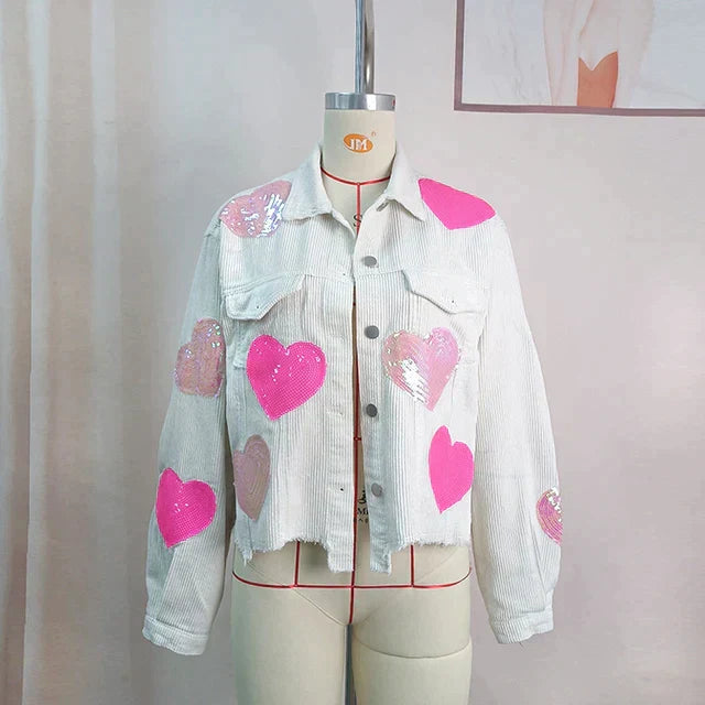 Kurze Damen-Blusenjacke mit Pailletten-Herz aus Corduroy 1
