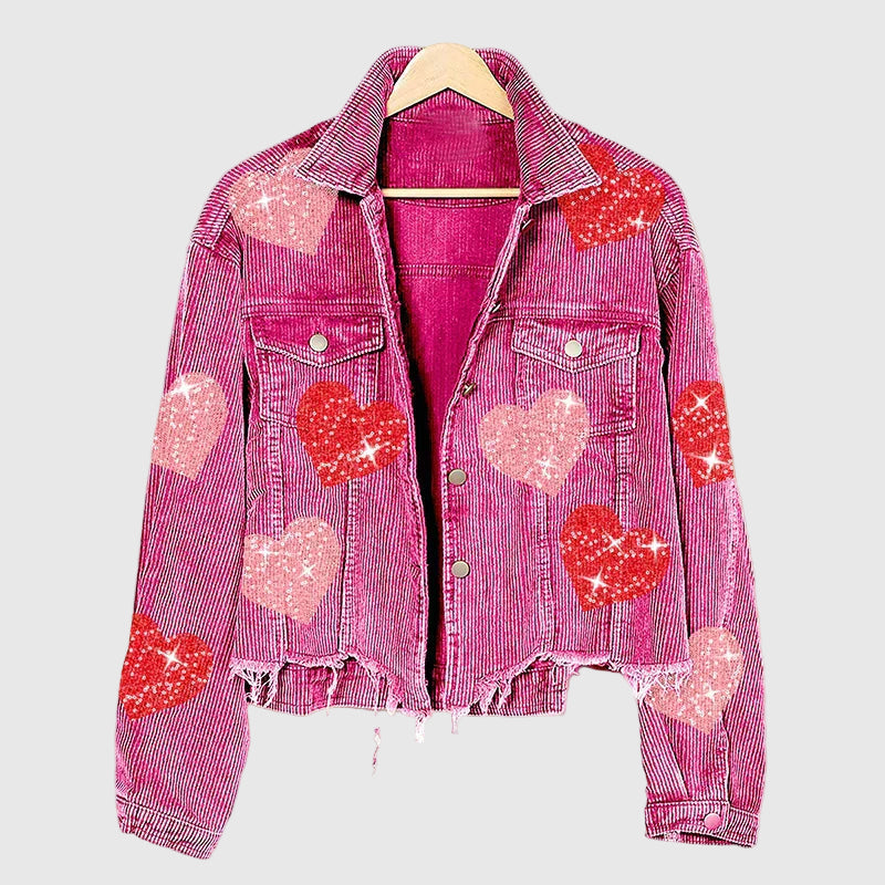 Kurze Damen-Blusenjacke mit Pailletten-Herz aus Corduroy 2