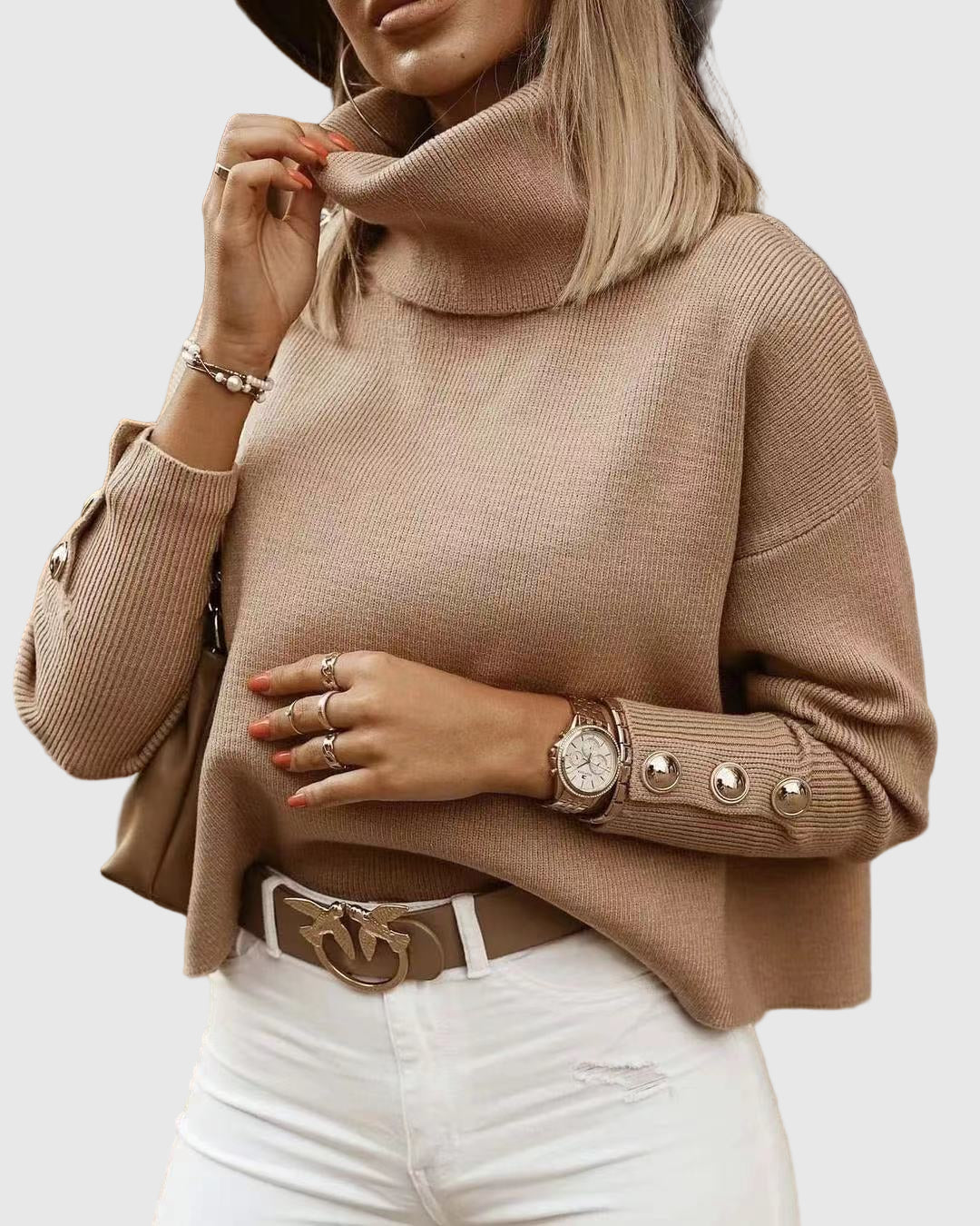 Glattstrick Rollkragenpullover für Damen mit Knopfärmeln | Kurz