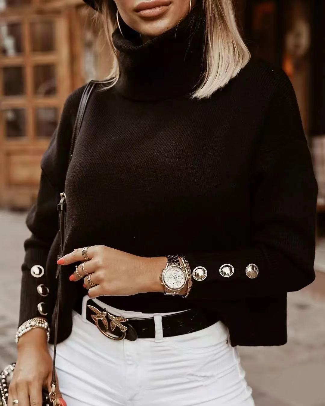Damen Rollkragenpullover mit Knopfärmeln aus Baumwolle 3